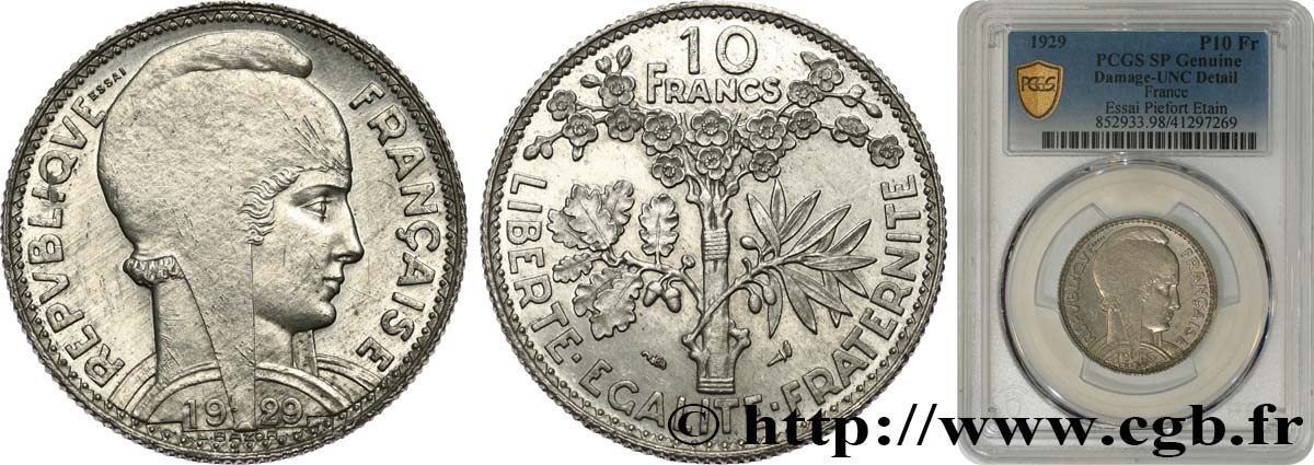 Essai-piéfort en étain de 10 francs par Bazor, concours de 1929 1929 Paris GEM.161  var. MS PCGS