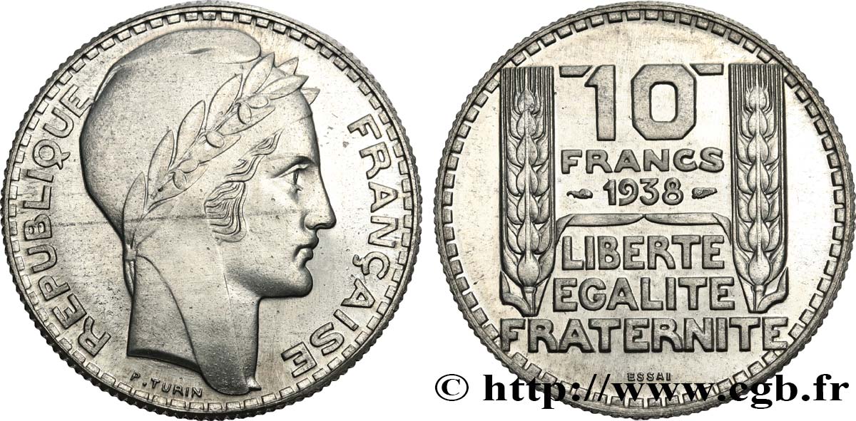 Essai de 10 Francs Turin en aluminium, tranche striée, poids léger 1938 Paris GEM.173 4 SC63 