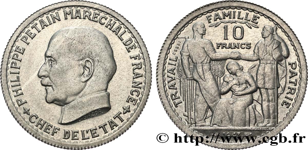 Essai de 10 francs Pétain en aluminium par Bazor/Vézien 1943 Paris GEM.179 1 FDC65 