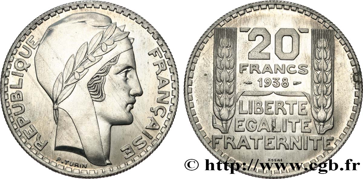 Préparation de la 20 francs, type Turin, essai en aluminium, tranche striée, 4,5 g 1938 Paris GEM.200  6 MS 