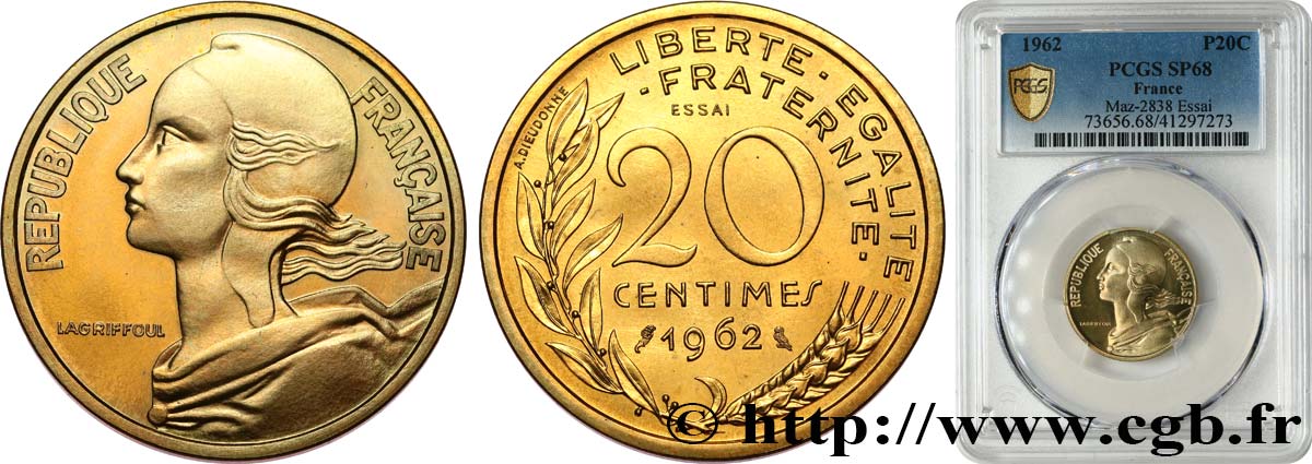 Essai de 20 centimes Marianne 1962 Paris F.156/1 MS68 PCGS