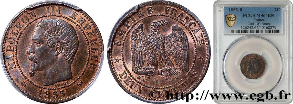 Deux centimes Napoléon III, tête nue, différent ancre 1855 Rouen F.107/22 fST64 PCGS
