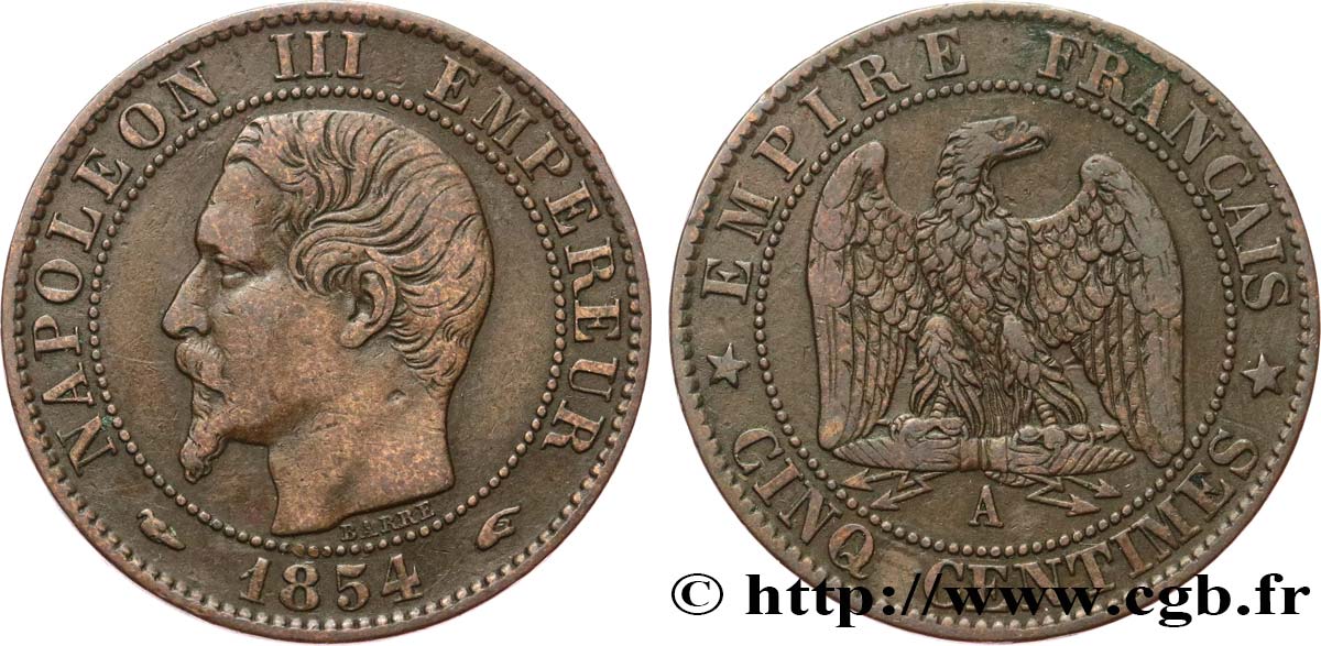 Cinq centimes Napoléon III, tête nue 1854 Paris F.116/8 TTB40