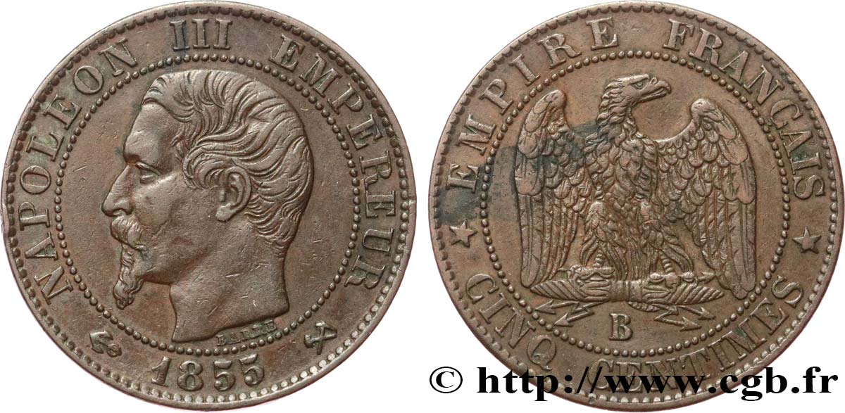 Cinq centimes Napoléon III, tête nue 1855 Rouen F.116/19 BB45