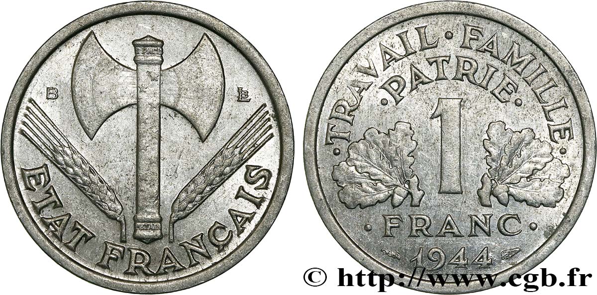 1 franc Francisque, légère 1944 Beaumont-Le-Roger F.223/6 SS40 