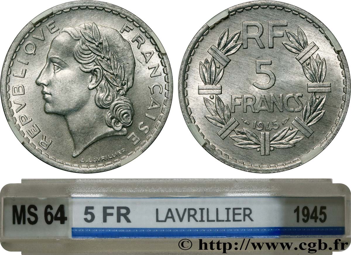 5 francs Lavrillier, aluminium, 9 ouvert 1945  F.339/3 MS64 GENI