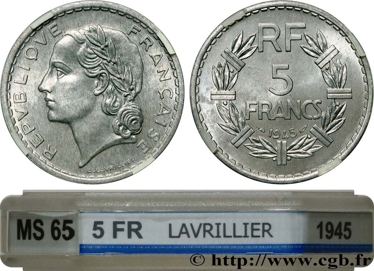 5 francs Lavrillier, aluminium, 9 ouvert 1945  F.339/3 ST65 GENI