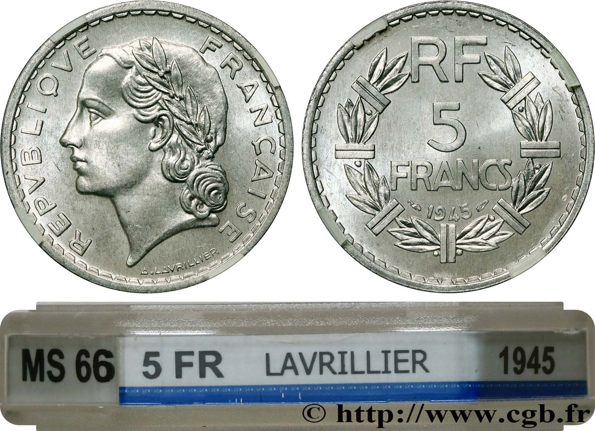 5 francs Lavrillier, aluminium, 9 ouvert 1945  F.339/3 MS66 GENI