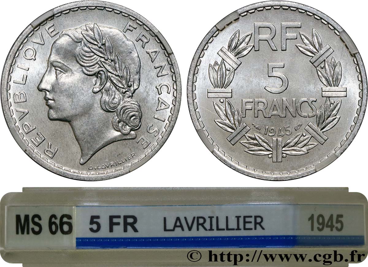 5 francs Lavrillier, aluminium, 9 ouvert 1945  F.339/3 MS66 GENI