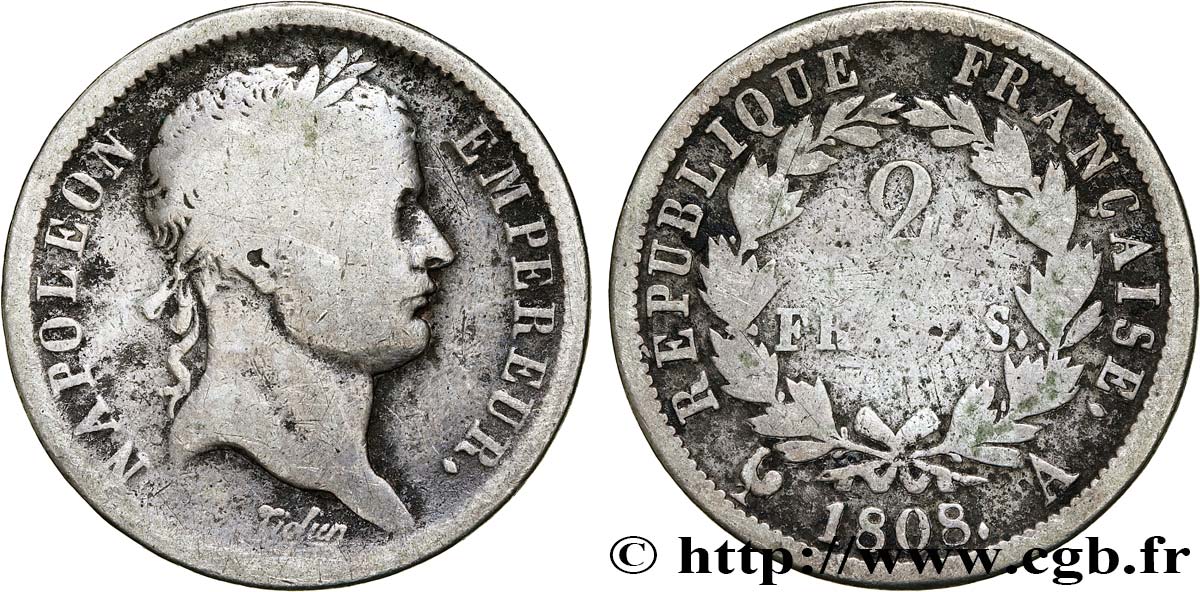 2 francs Napoléon Ier tête laurée, République française 1808 Paris F.254/4 q.MB 