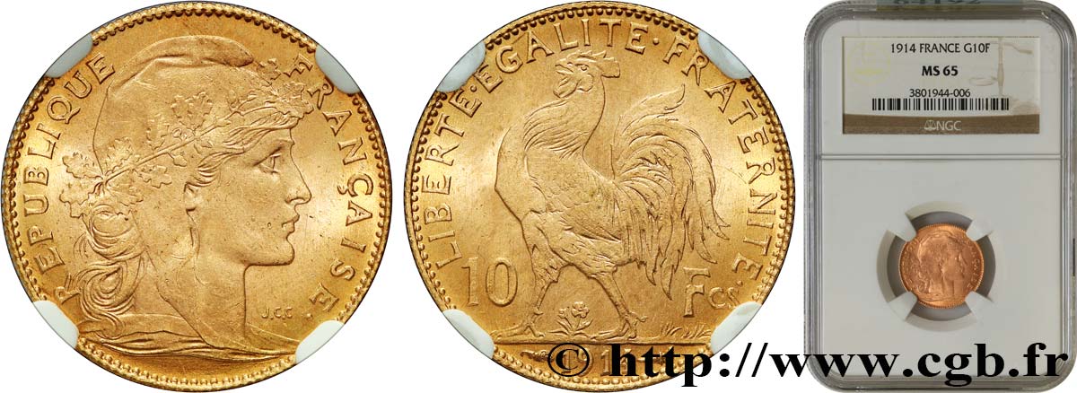 10 francs or Coq 1914 Paris F.509/14 MS65 NGC