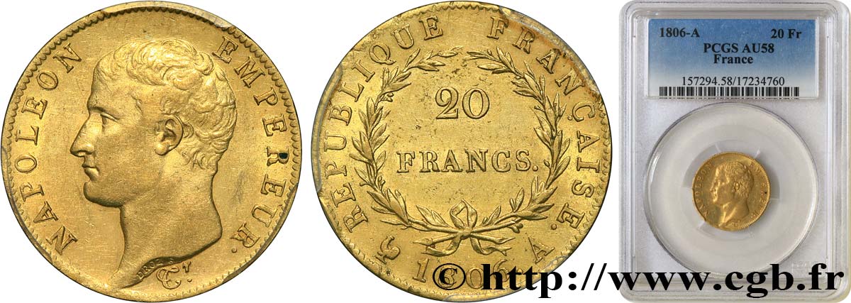 20 francs or Napoléon tête nue, calendrier grégorien 1806 Paris F.513/1 SUP58 PCGS