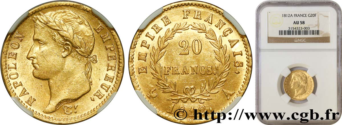 20 francs or Napoléon tête laurée, Empire français 1812 Paris F.516/22 VZ58 NGC