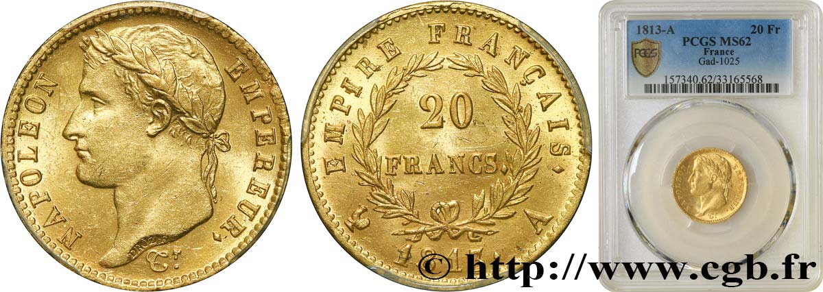 20 francs or Napoléon tête laurée, Empire français 1813 Paris F.516/30 MS62 PCGS