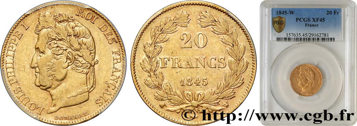 20 francs or Louis-Philippe, Domard 1845 Lille F.527/34 SS45 PCGS