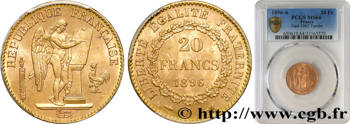 20 francs or Génie, Troisième République, différent torche 1896 Paris F.533/21 SPL64 PCGS