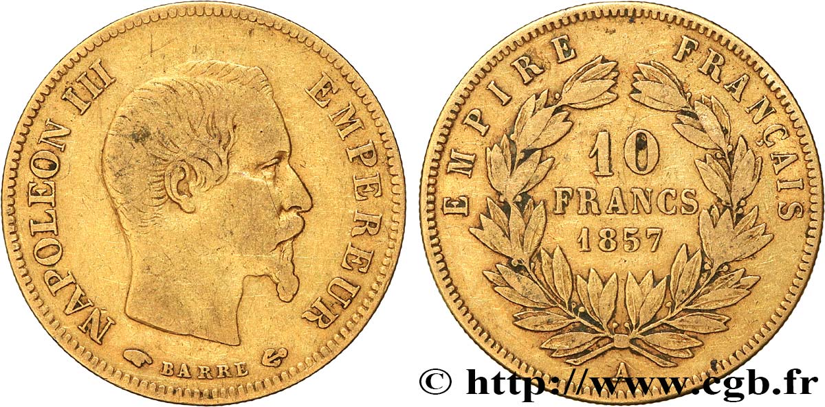10 francs or Napoléon III, tête nue 1857 Paris F.506/4 TB