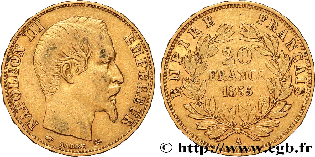 20 francs or Napoléon III, tête nue 1855 Paris F.531/4 TTB