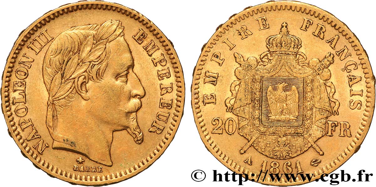 20 francs or Napoléon III, tête laurée 1861 Paris F.532/1 TTB