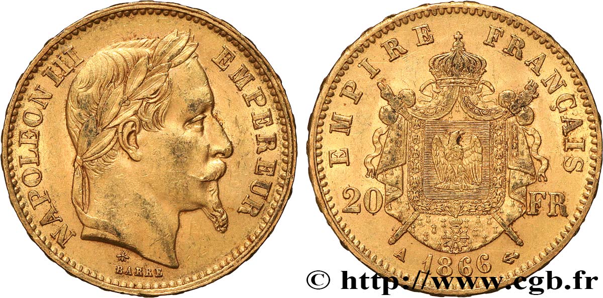 20 francs or Napoléon III, tête laurée 1866 Paris F.532/13 TTB+