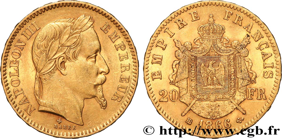 20 francs or Napoléon III, tête laurée 1866 Strasbourg F.532/14 TTB+