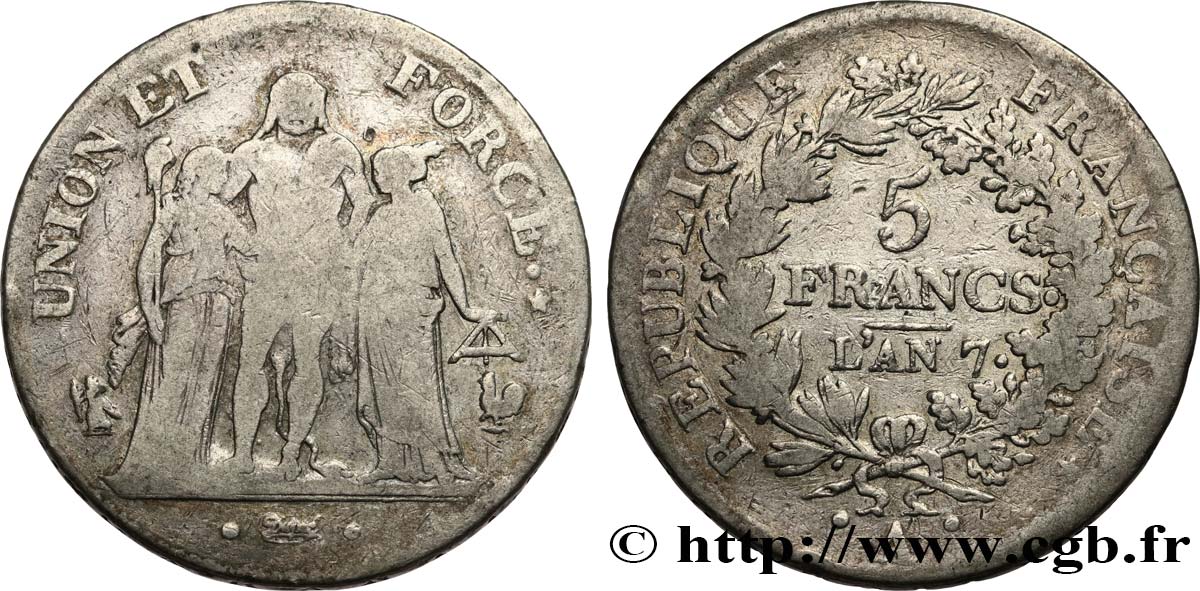 5 francs Union et Force, Union serré, avec glands intérieurs et gland extérieur 1799 Paris F.288/95 B+