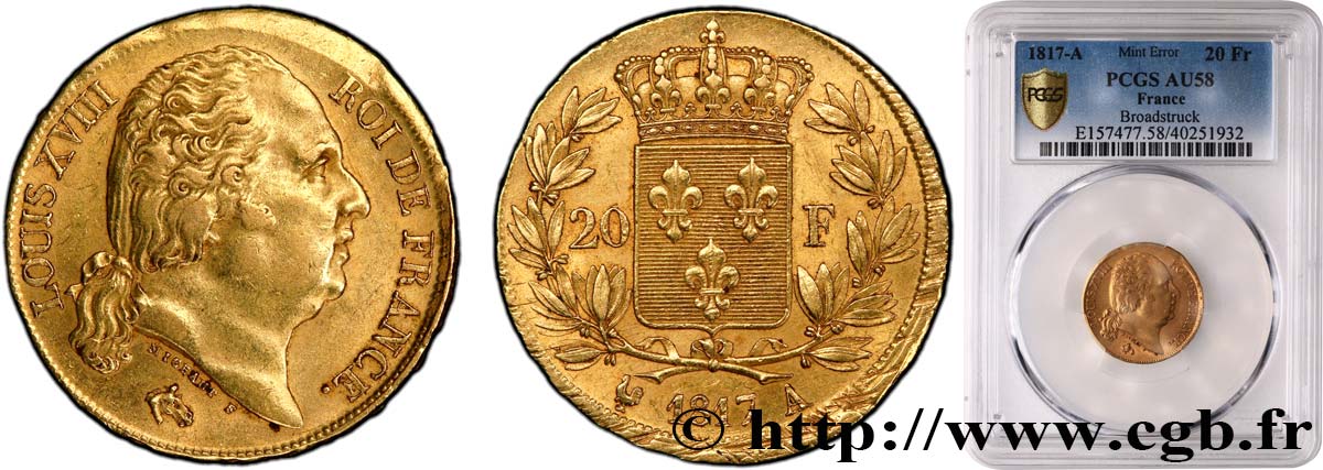 20 francs or Louis XVIII, tête nue, Fauté 1817 Paris F.519/5 SPL58 PCGS