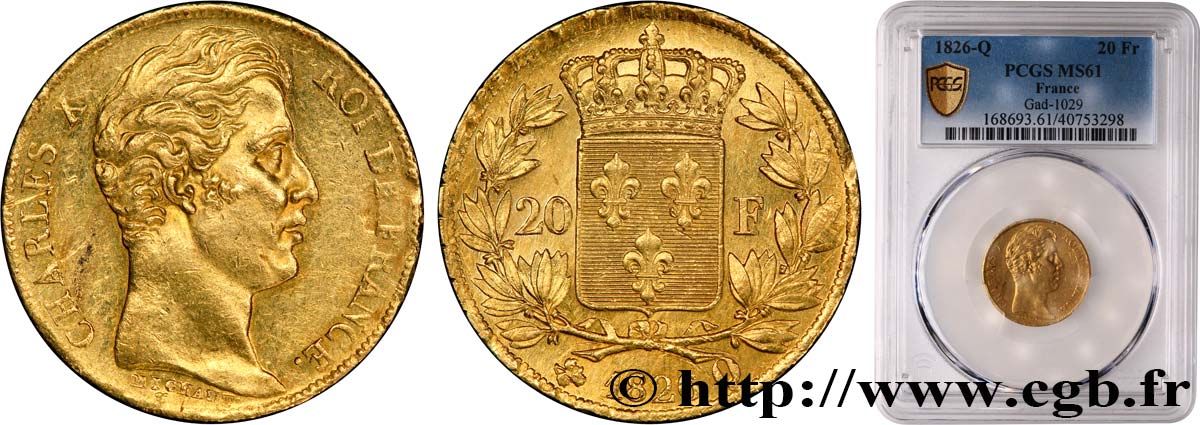 20 francs or Charles X, matrice du revers à quatre feuilles et demie 1826 Perpignan F.520/4 SUP61 PCGS