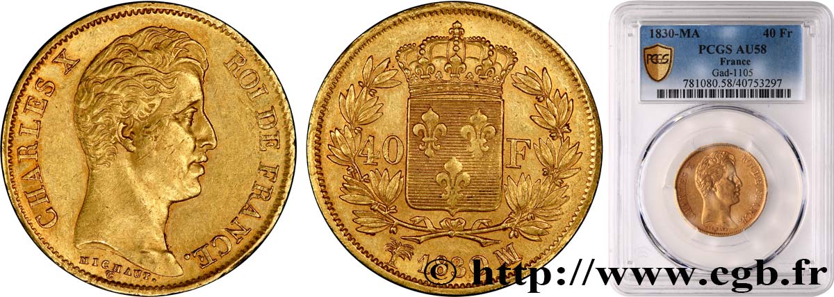 40 francs or Charles X, 2e type 1830 Marseille F.544/6 EBC58 PCGS