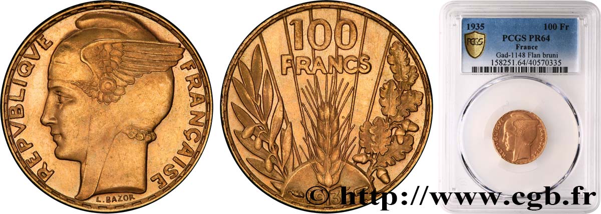 100 francs or, Bazor, Flan Bruni 1935 Paris F.554/6 var. SPL64 PCGS