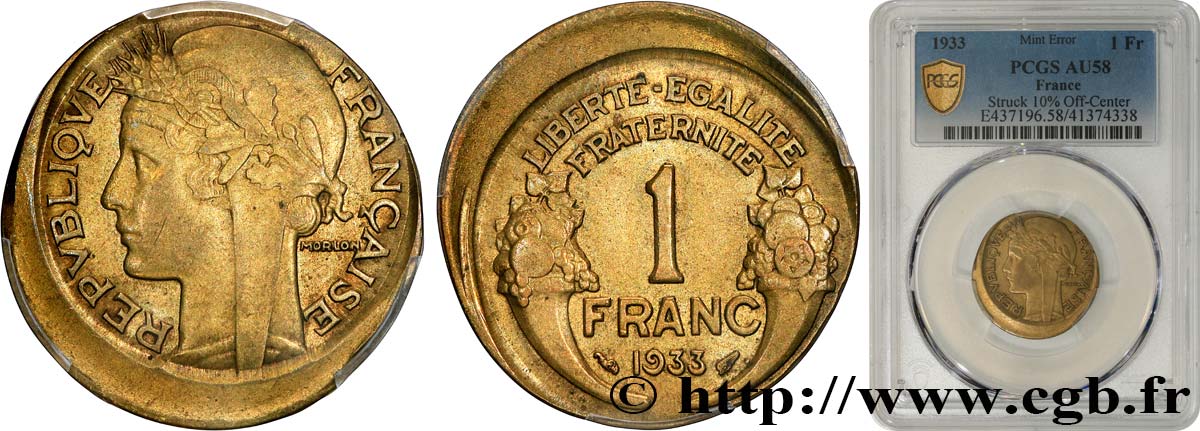 1 franc Morlon, Frappe décentrée 1933 Paris F.219/4 var. VZ58 PCGS