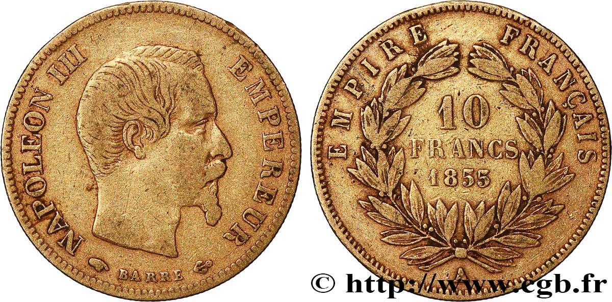 10 francs or Napoléon III, tête nue 1855 Paris F.506/1 TB30