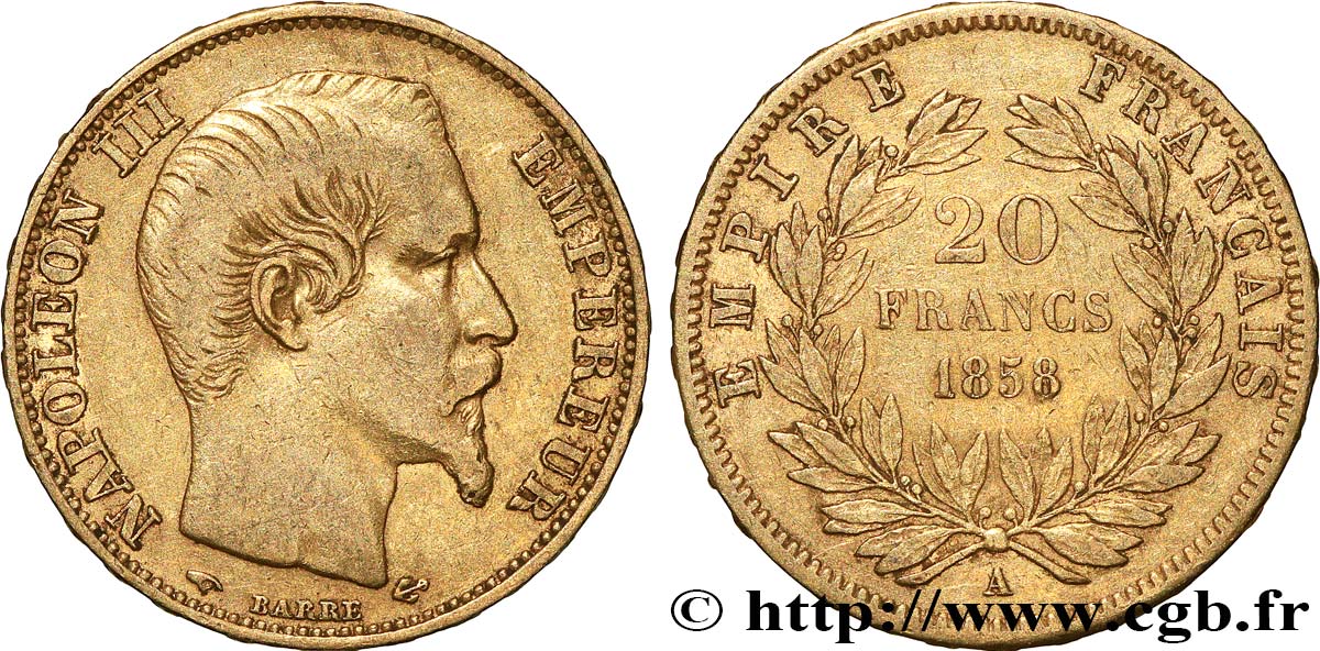 20 francs or Napoléon III, tête nue 1858 Paris F.531/13 TB+