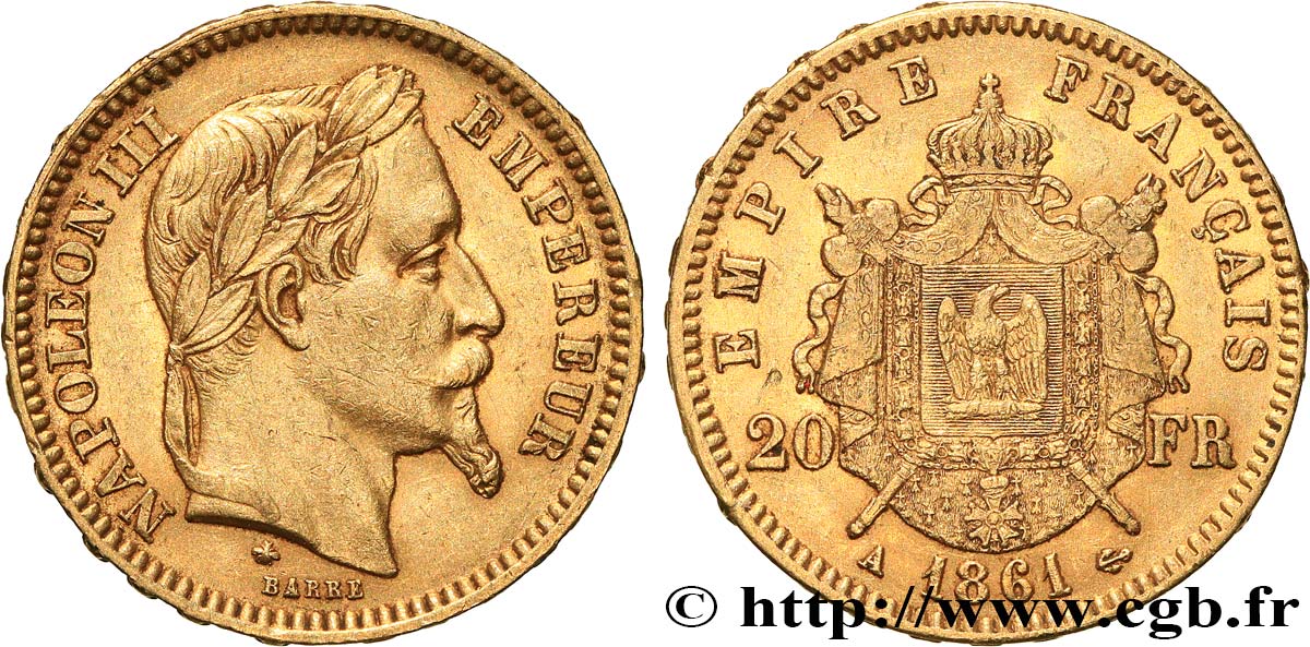 20 francs or Napoléon III, tête laurée 1861 Paris F.532/1 TTB45