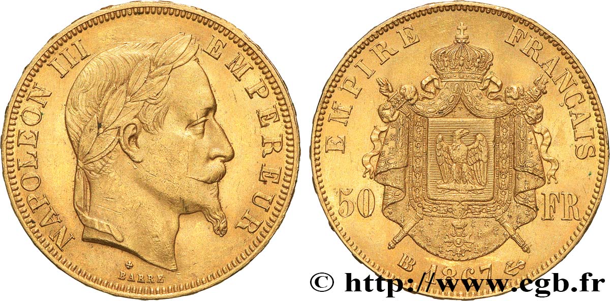 50 francs or Napoléon III, tête laurée 1867 Strasbourg F.548/9 AU