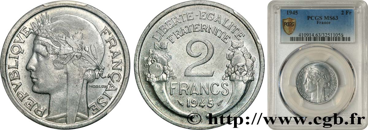 2 francs Morlon, aluminium 1945 F.269/5 SPL63 PCGS