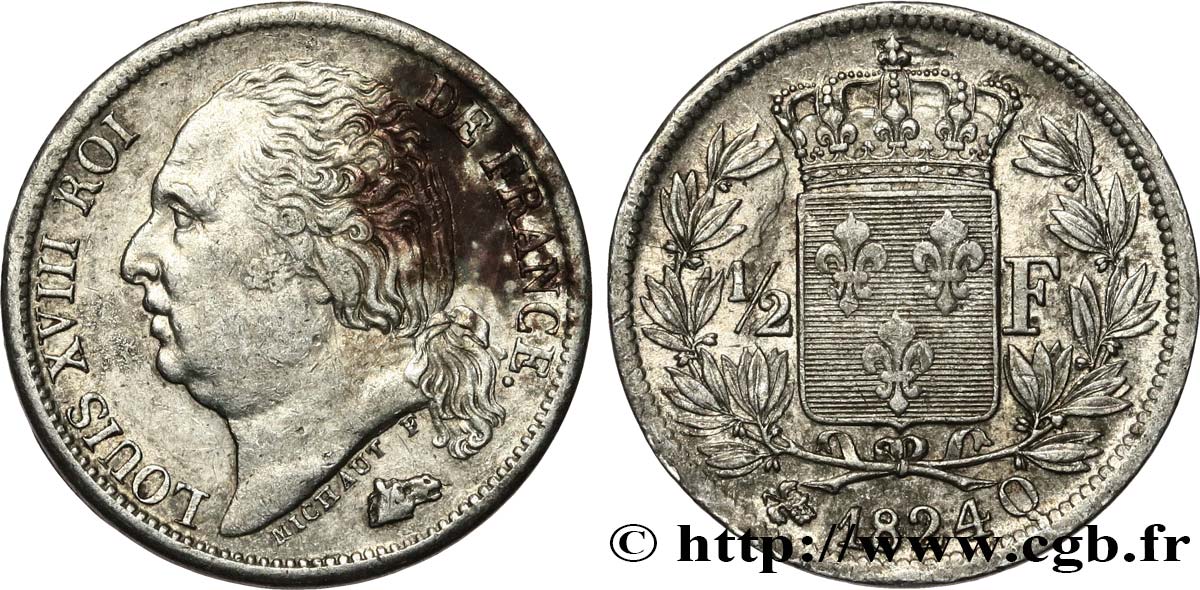 1/2 franc Louis XVIII 1824 Perpignan F.179/51 XF 