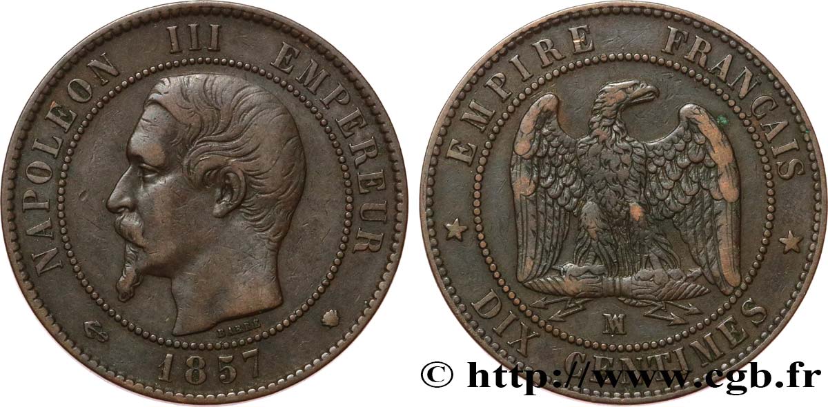 Dix centimes Napoléon III, tête nue 1857 Marseille F.133/45 BC35