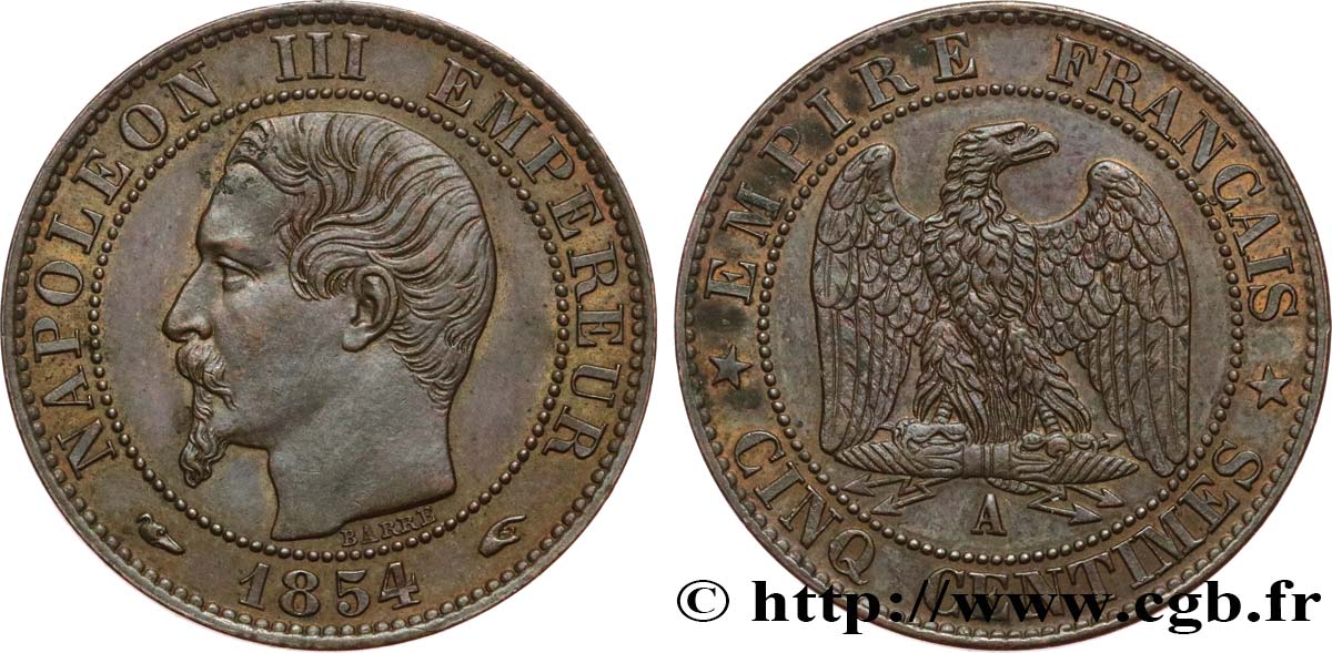 Cinq centimes Napoléon III, tête nue 1854 Paris F.116/8 TTB53