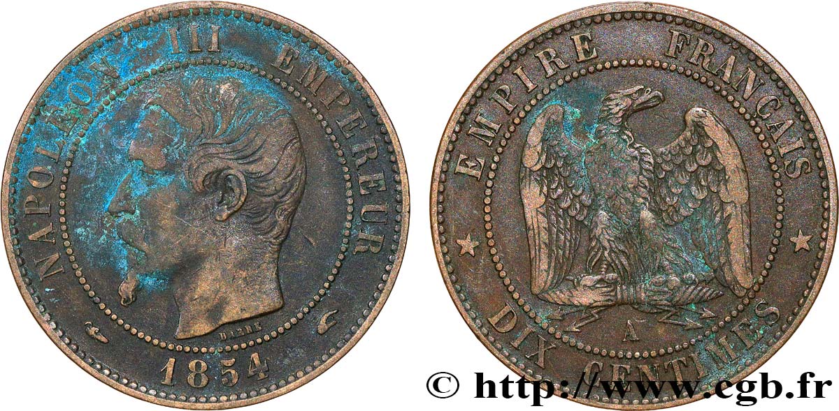 Dix centimes Napoléon III, tête nue 1854 Paris F.133/11 TB