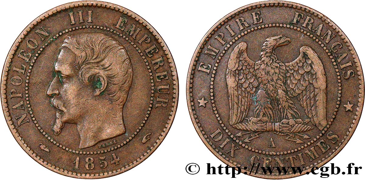 Dix centimes Napoléon III, tête nue 1854 Paris F.133/11 TB35