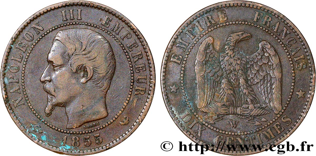 Dix centimes Napoléon III, tête nue 1855 Lille F.133/33 TB35