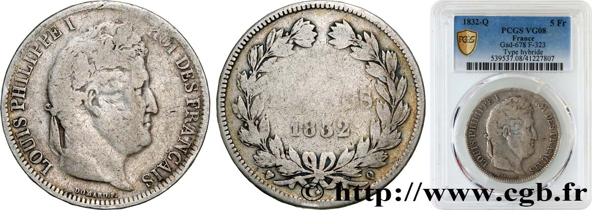 5 francs IIe type Domard hybride, tranche en relief 1832 Perpignan F.323/3 VG8 PCGS