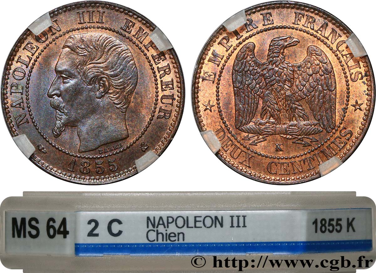 Deux centimes Napoléon III, tête nue 1855 Bordeaux F.107/33 SPL64 GENI