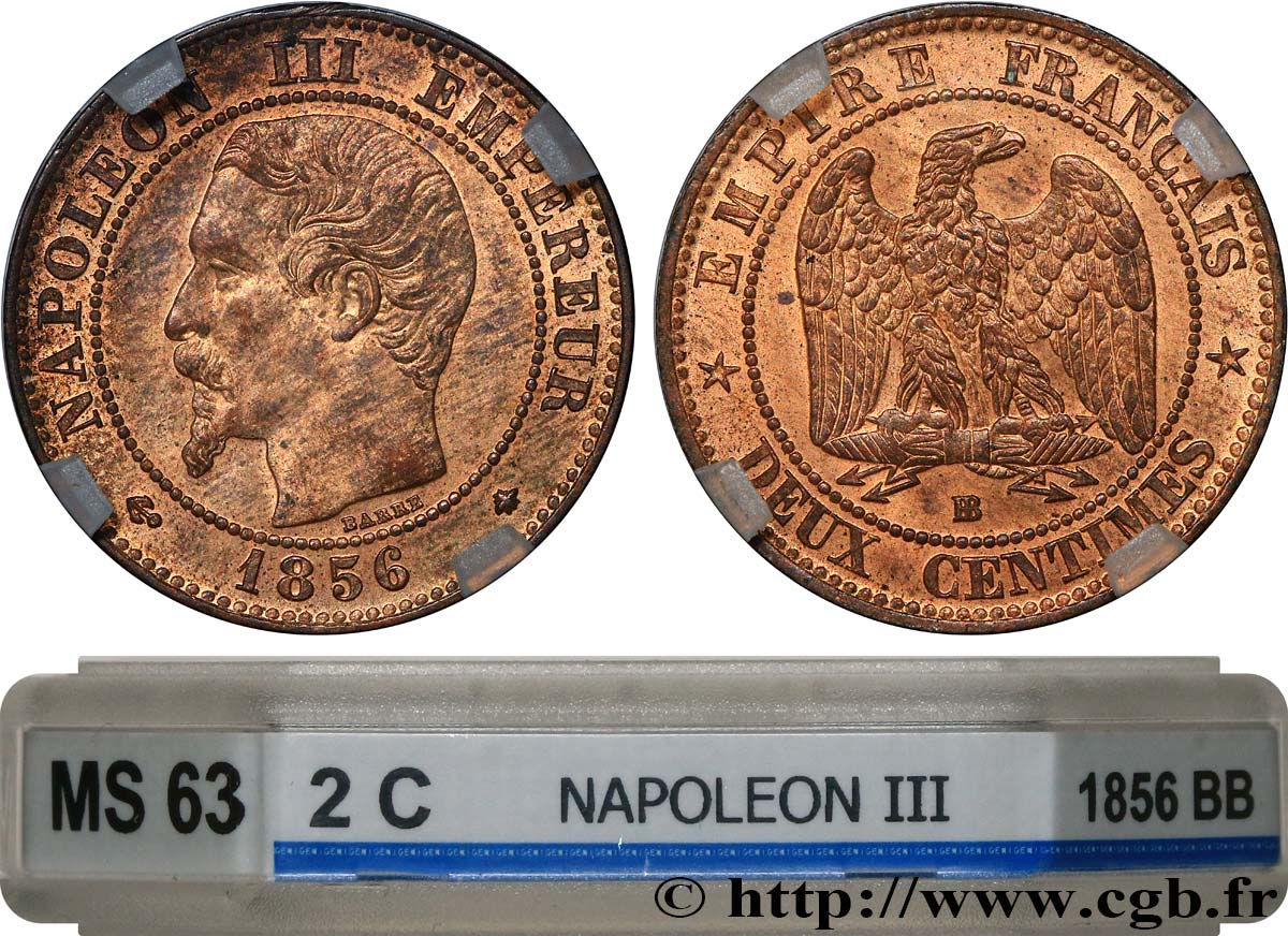 Deux centimes Napoléon III, tête nue 1856 Strasbourg F.107/40 MS63 GENI