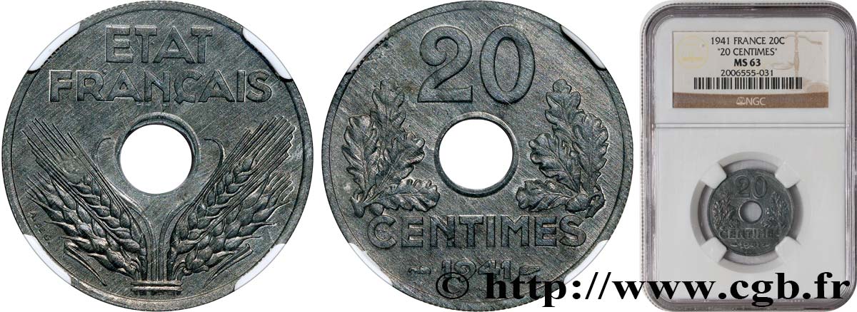 20 centimes État français, lourde 1941  F.153/2 MS63 NGC