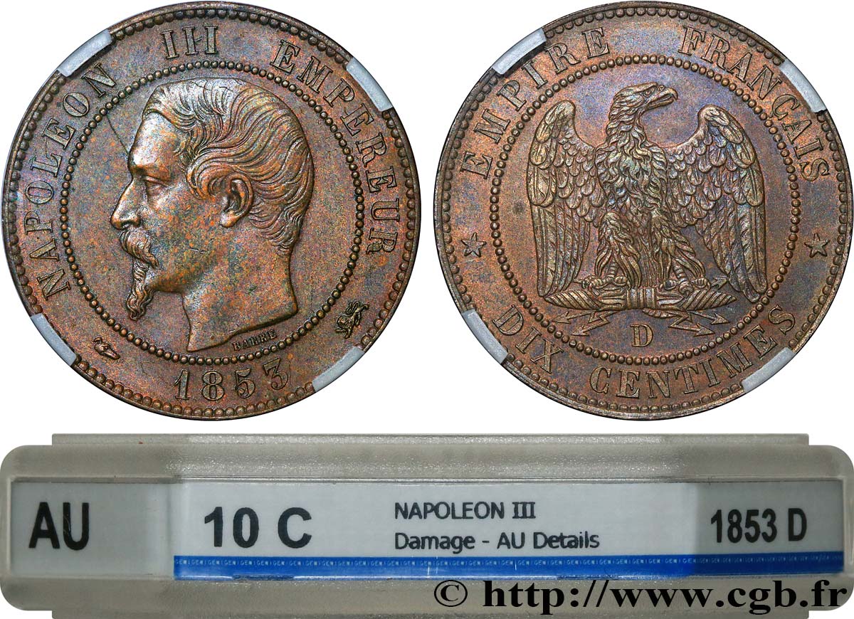 Dix centimes Napoléon III, tête nue 1853 Lyon F.133/5 TTB+ GENI