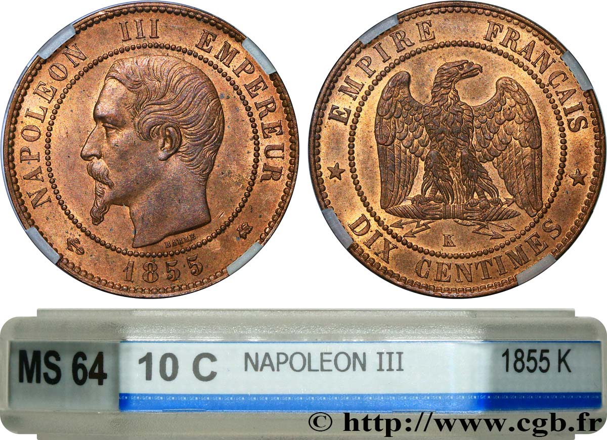 Dix centimes Napoléon III, tête nue 1855 Bordeaux F.133/29 SPL64 GENI