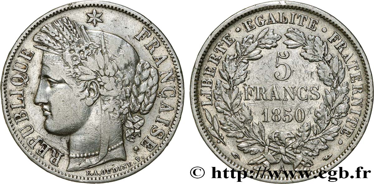 5 francs Cérès, IIe République 1850 Paris F.327/4 S