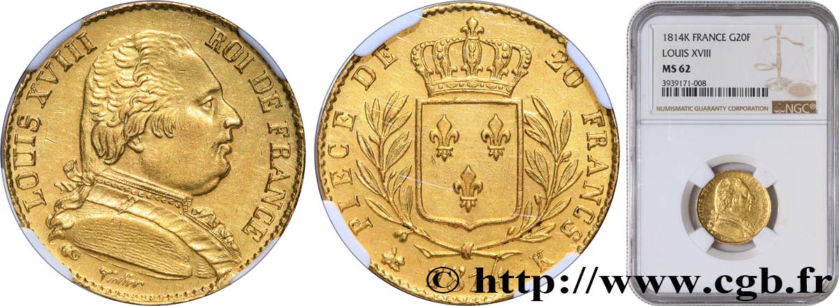 20 francs or Louis XVIII, buste habillé 1814 Bordeaux F.517/3 SPL62 NGC
